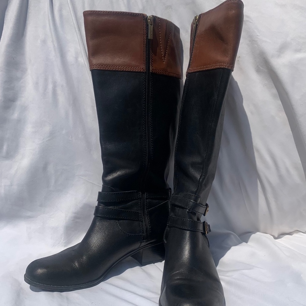 Bandolino 2 Tone Brown Black Carlotta Leather Riding Boots Knee High Size 7 1/2